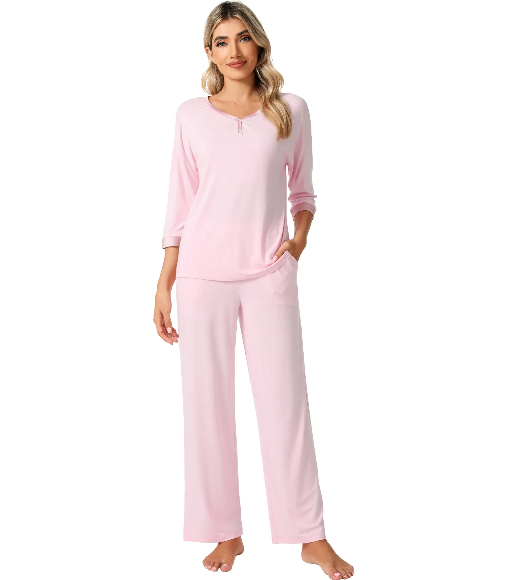 WiWi Bamboo Soft Satin Trimmed Pajamas Set