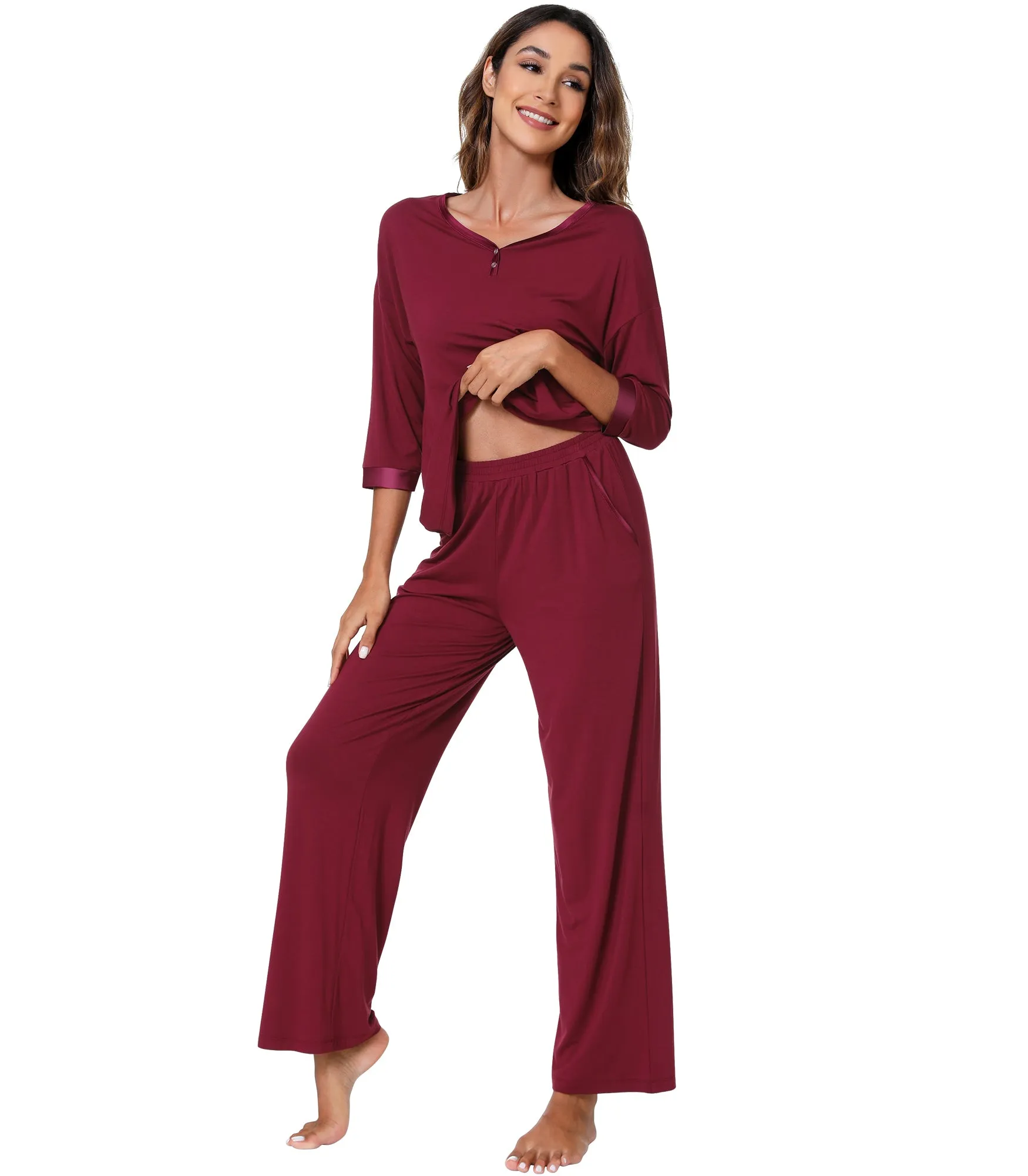 WiWi Bamboo Soft Satin Trimmed Pajamas Set