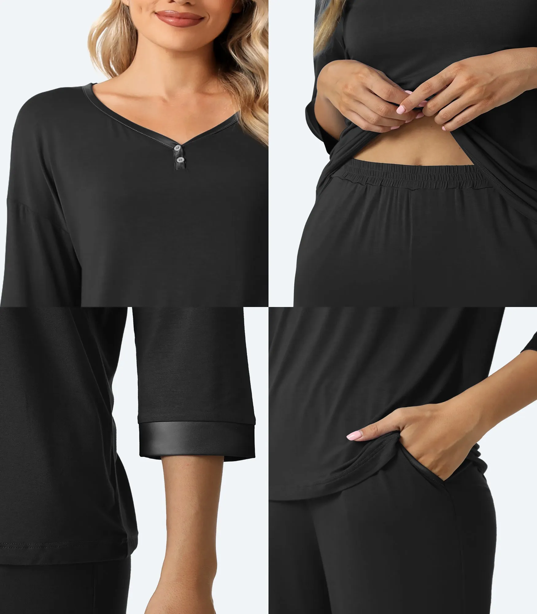 WiWi Bamboo Soft Satin Trimmed Pajamas Set