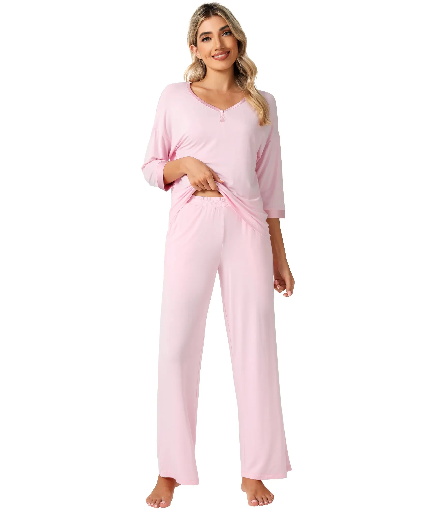 WiWi Bamboo Soft Satin Trimmed Pajamas Set