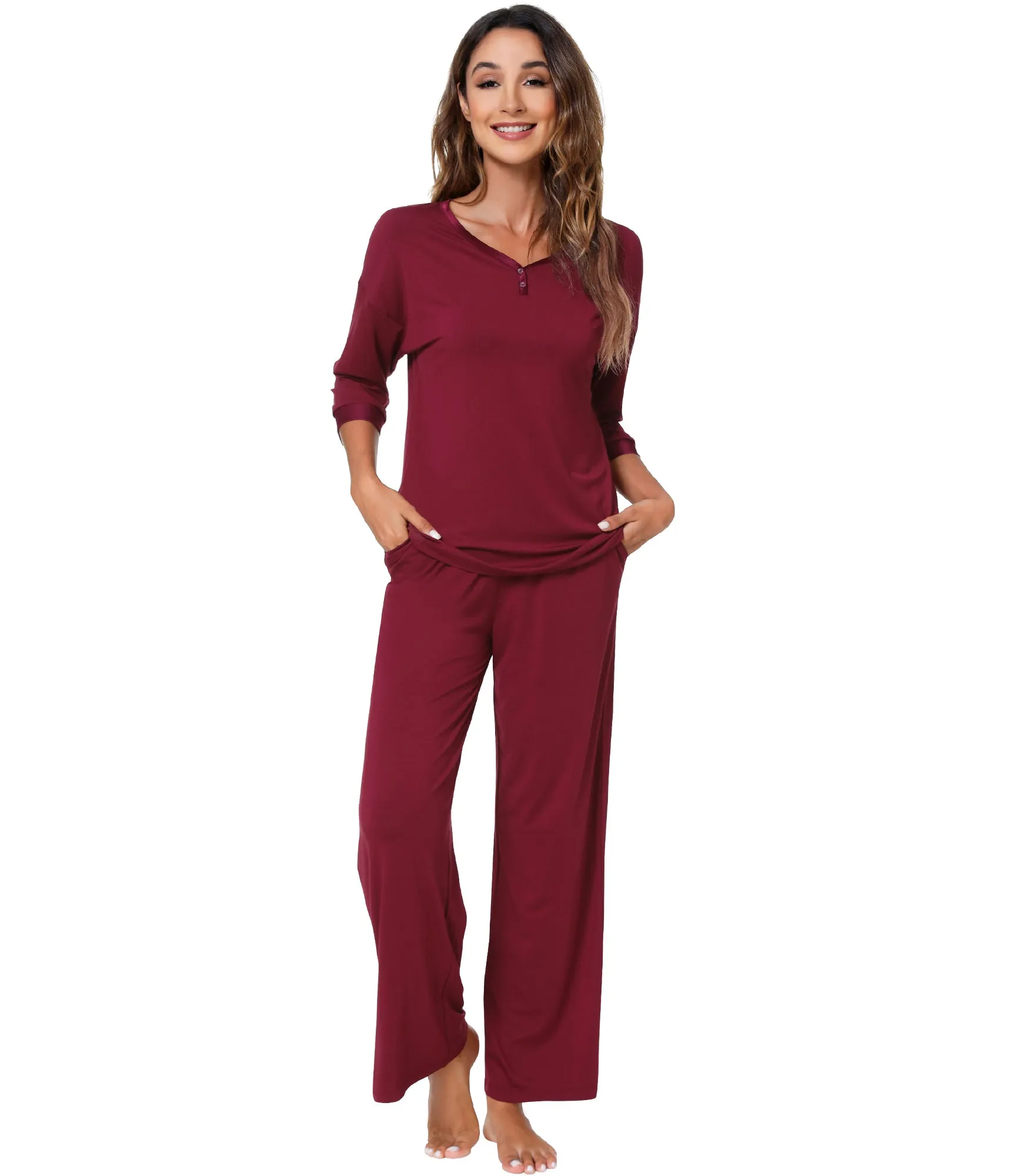 WiWi Bamboo Soft Satin Trimmed Pajamas Set