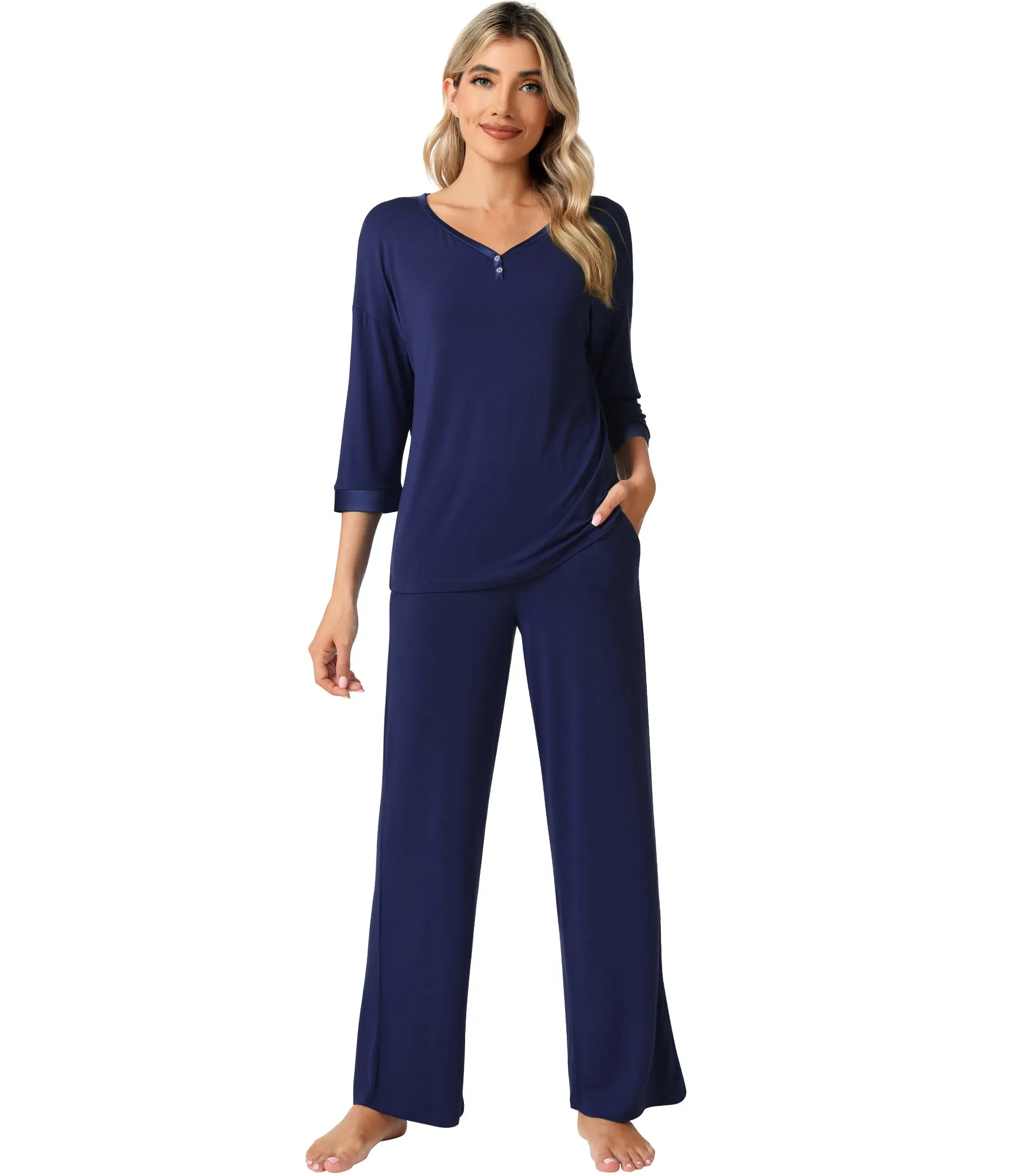 WiWi Bamboo Soft Satin Trimmed Pajamas Set