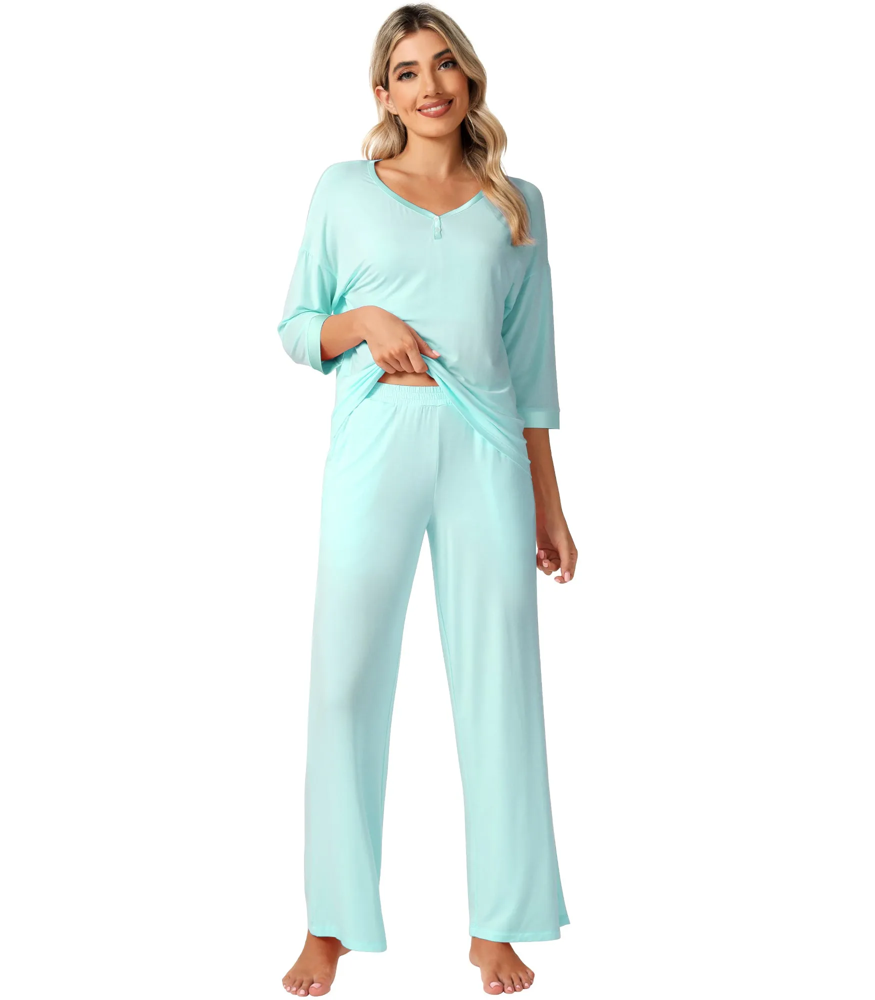 WiWi Bamboo Soft Satin Trimmed Pajamas Set