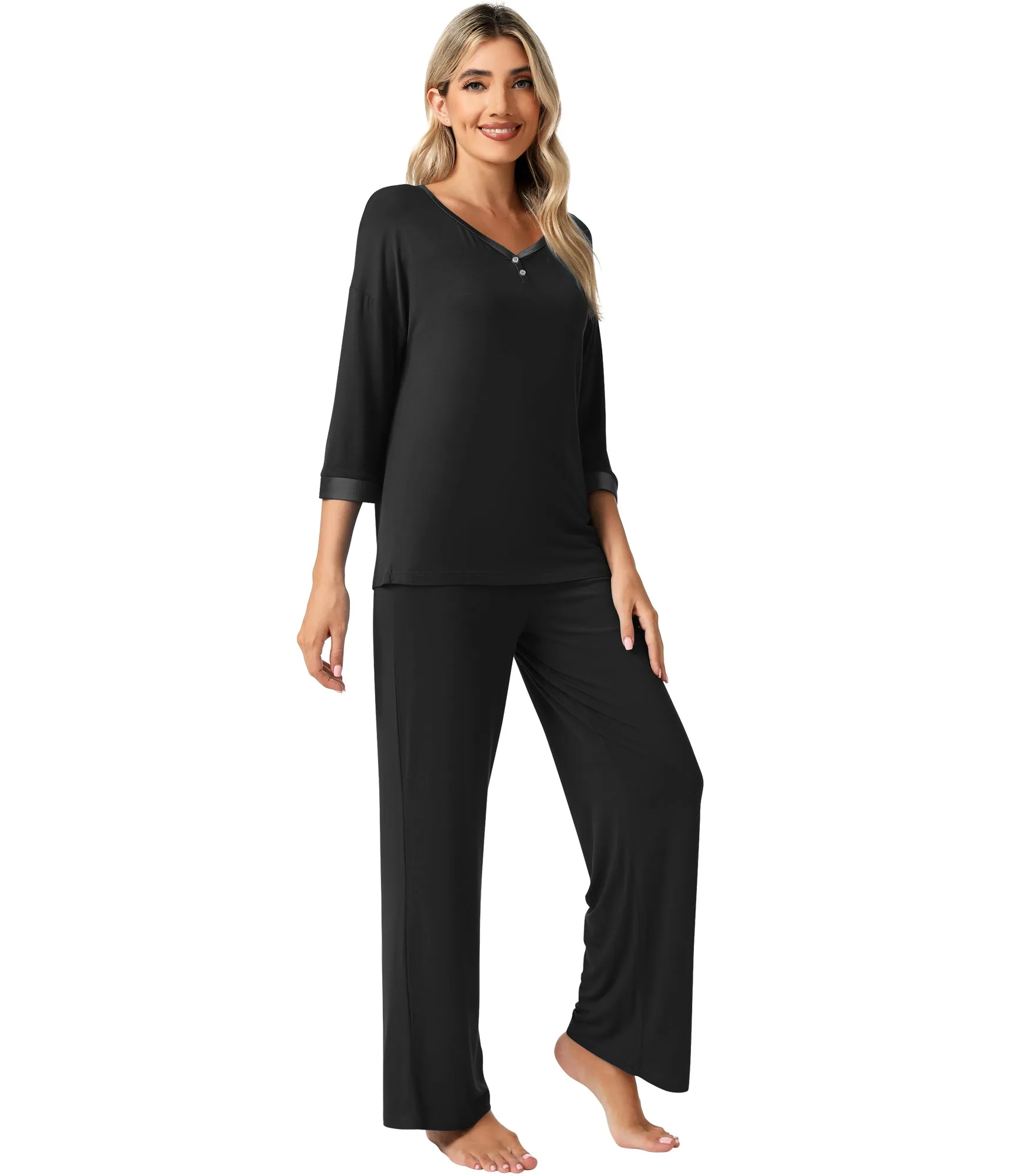 WiWi Bamboo Soft Satin Trimmed Pajamas Set