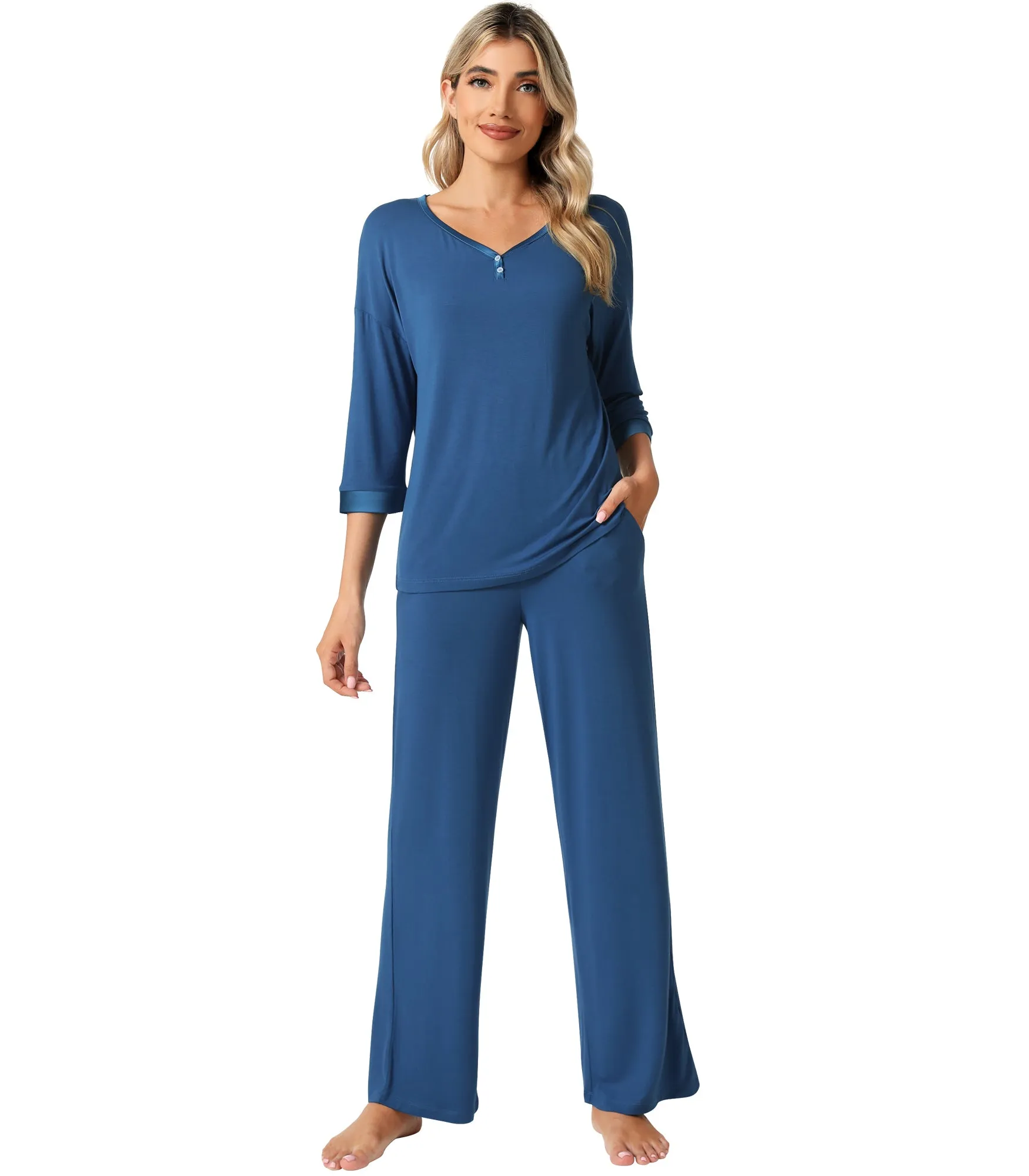 WiWi Bamboo Soft Satin Trimmed Pajamas Set
