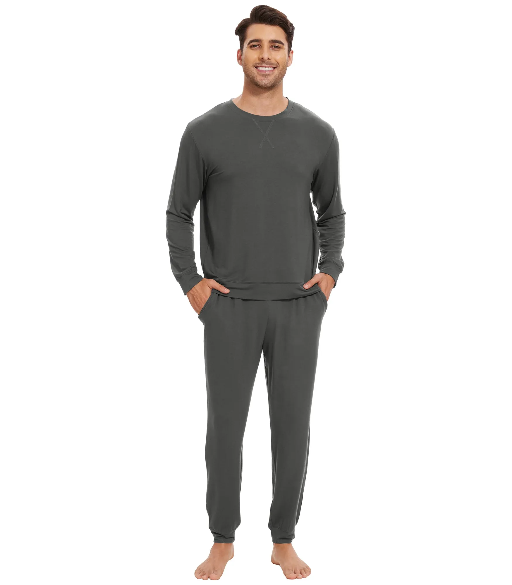 WiWi French Terry Men's Pajama Sets Sweatsuit Long Sleeve Top and Pants with Pockets
