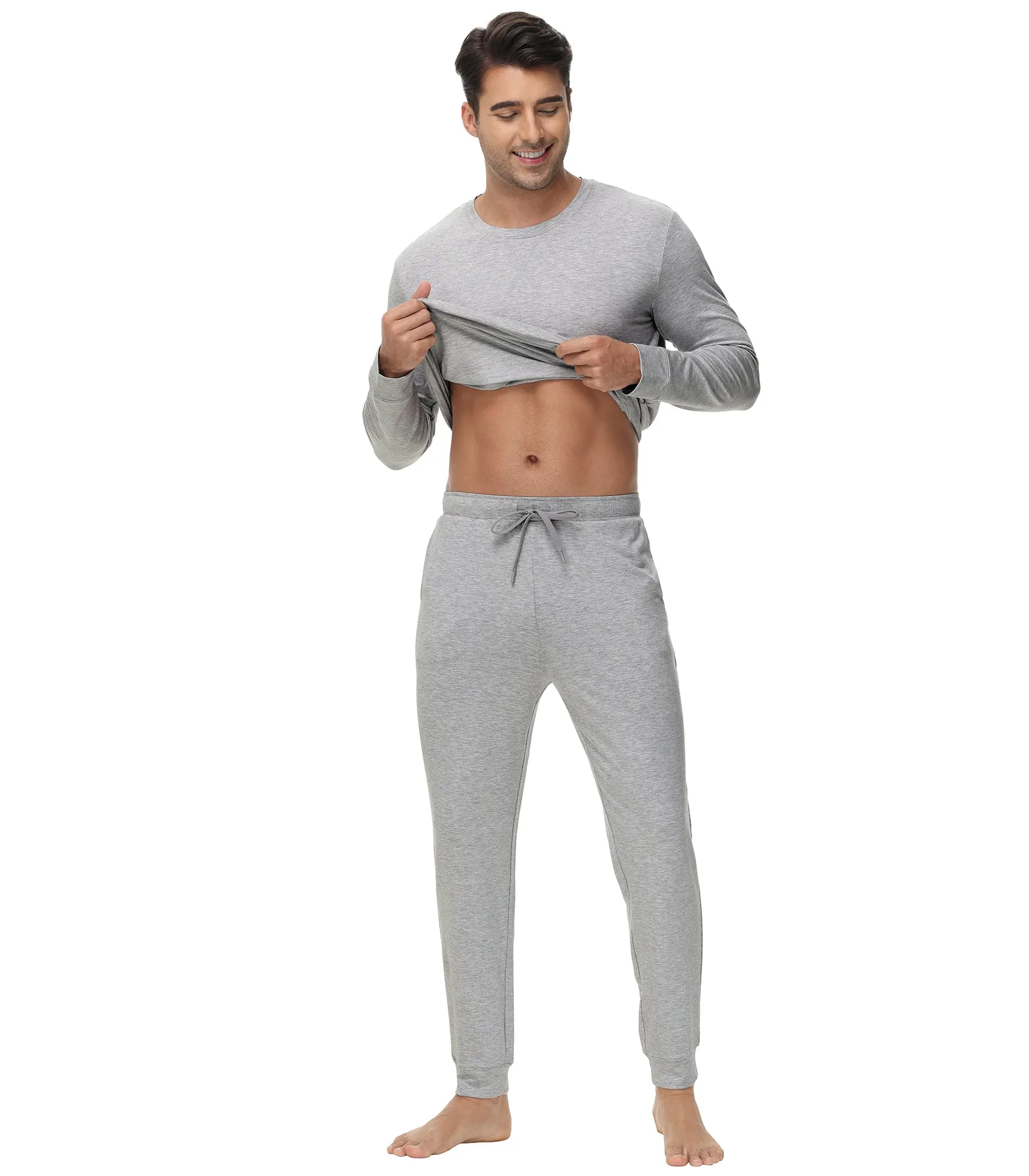WiWi French Terry Men's Pajama Sets Sweatsuit Long Sleeve Top and Pants with Pockets