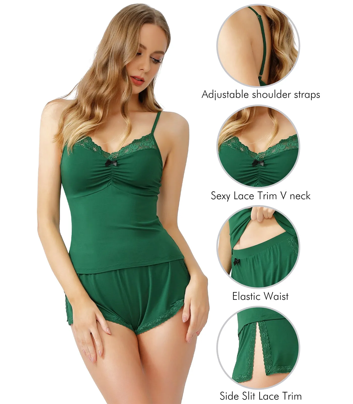 WiWi Women's Bamboo Sexy Lace Cami Pajamas Set