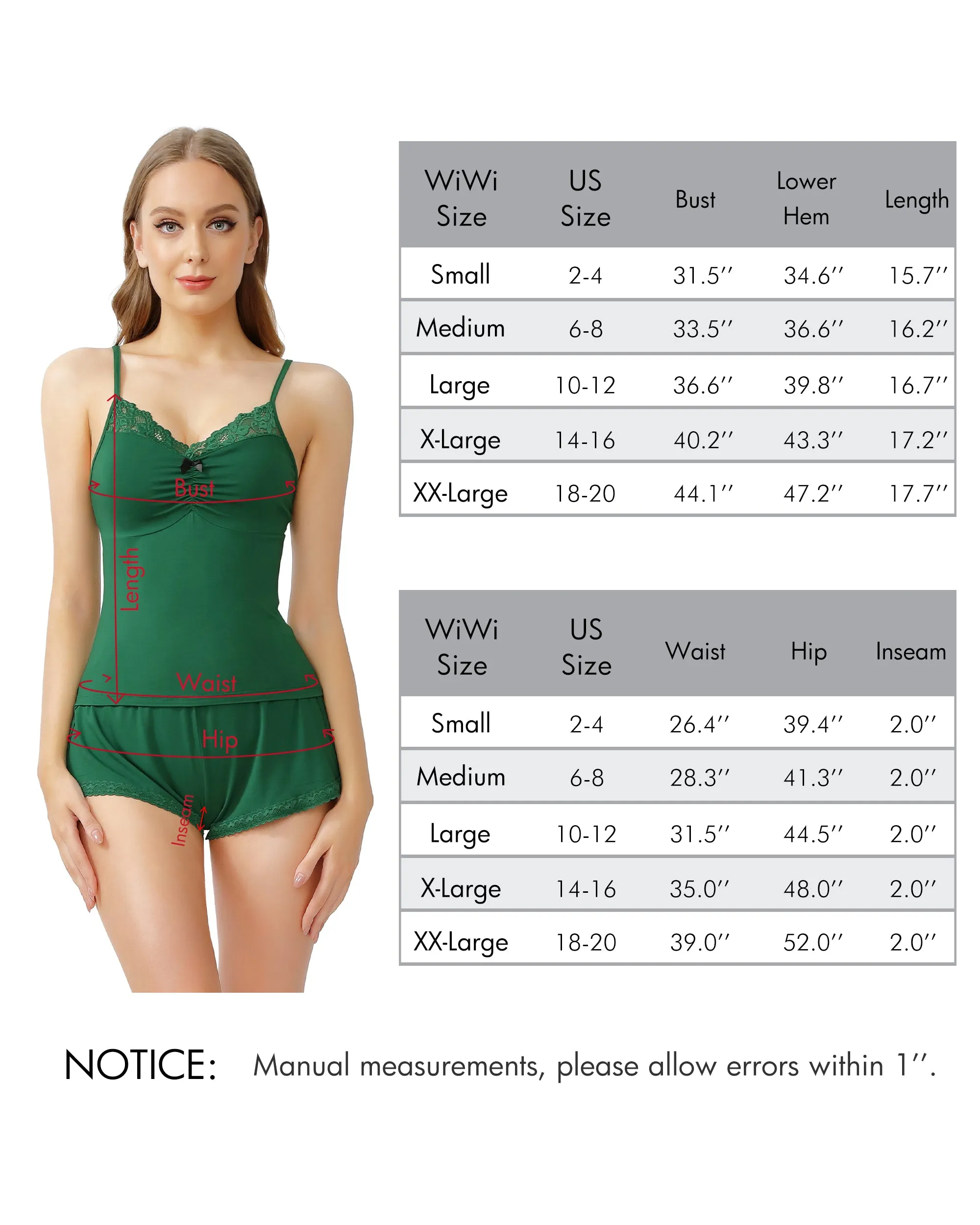 WiWi Women's Bamboo Sexy Lace Cami Pajamas Set
