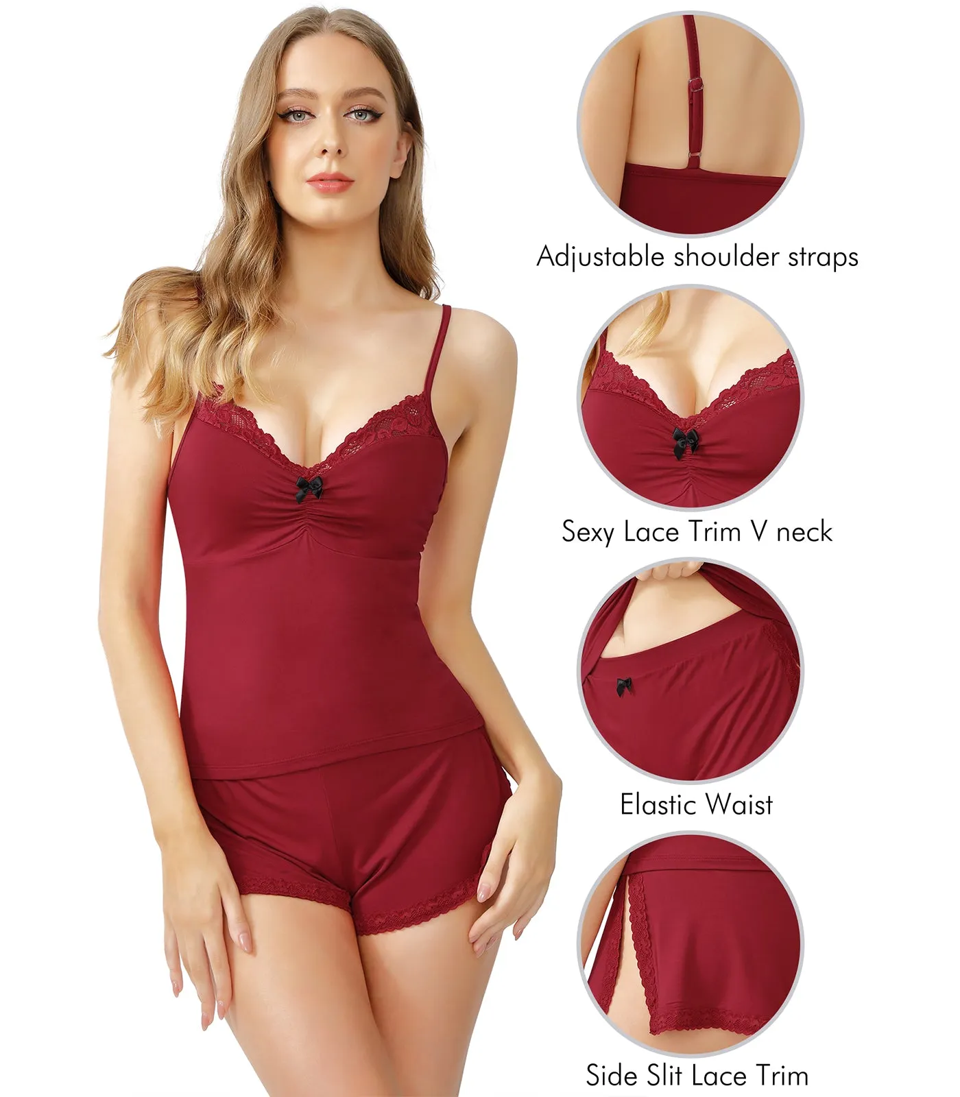 WiWi Women's Bamboo Sexy Lace Cami Pajamas Set