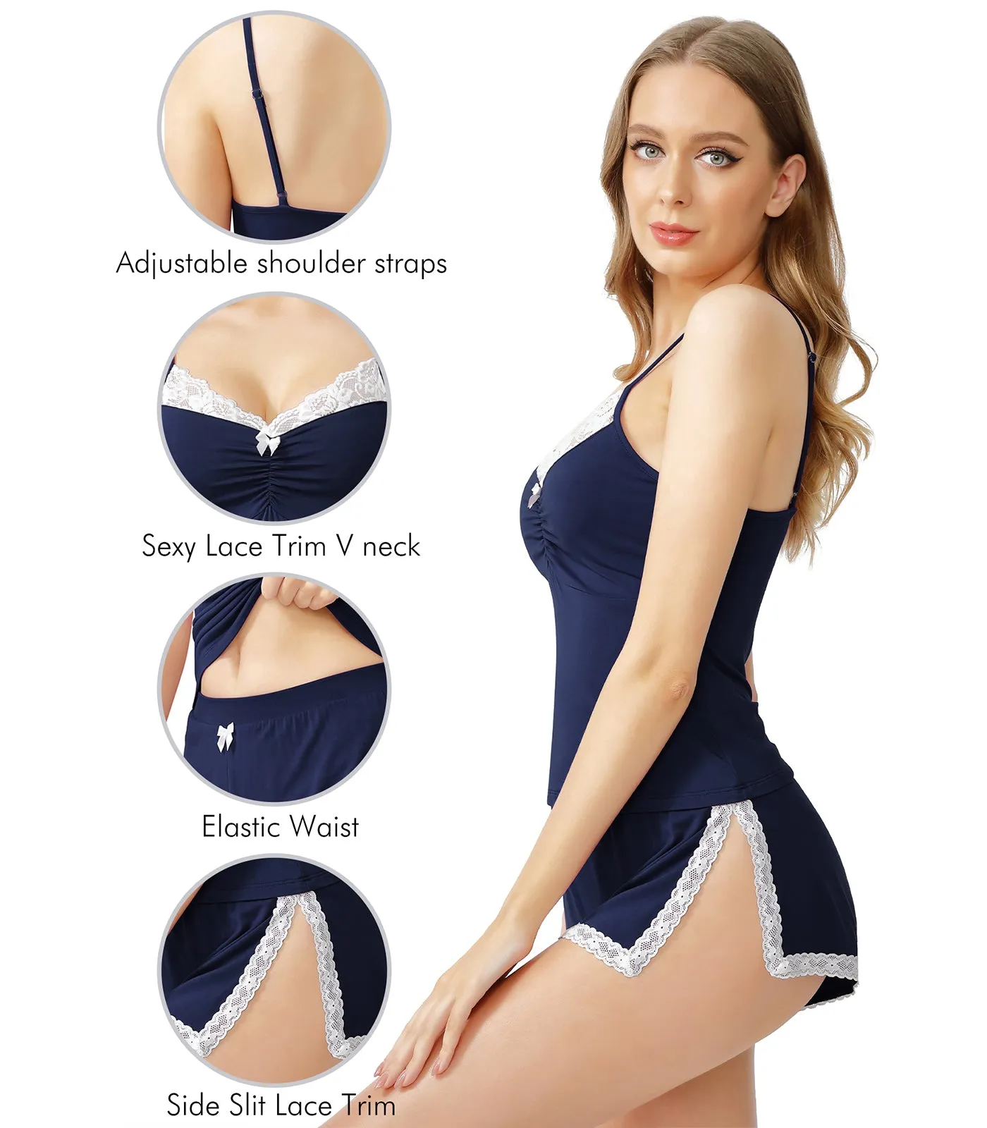 WiWi Women's Bamboo Sexy Lace Cami Pajamas Set