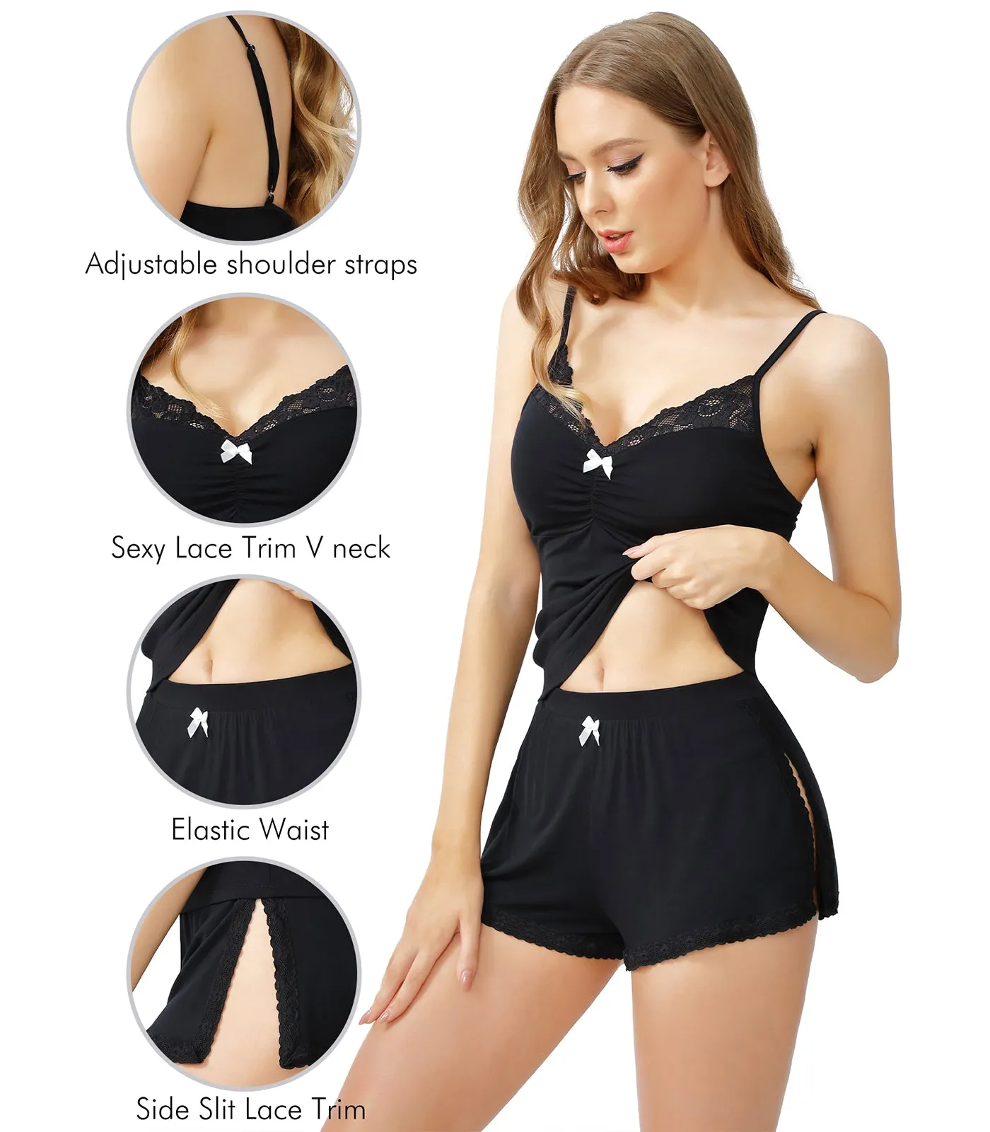 WiWi Women's Bamboo Sexy Lace Cami Pajamas Set