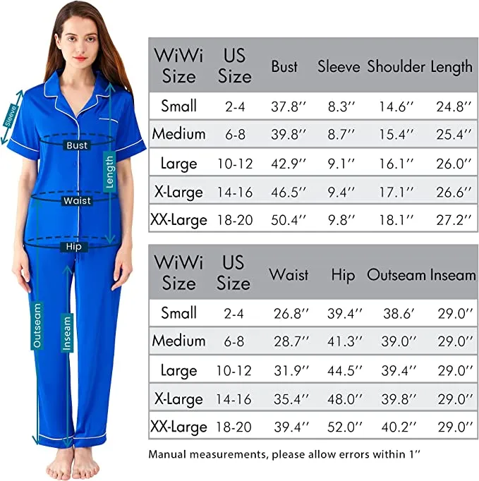 WiWi Womens Satin Pajamas Set Button Down Sleepwear