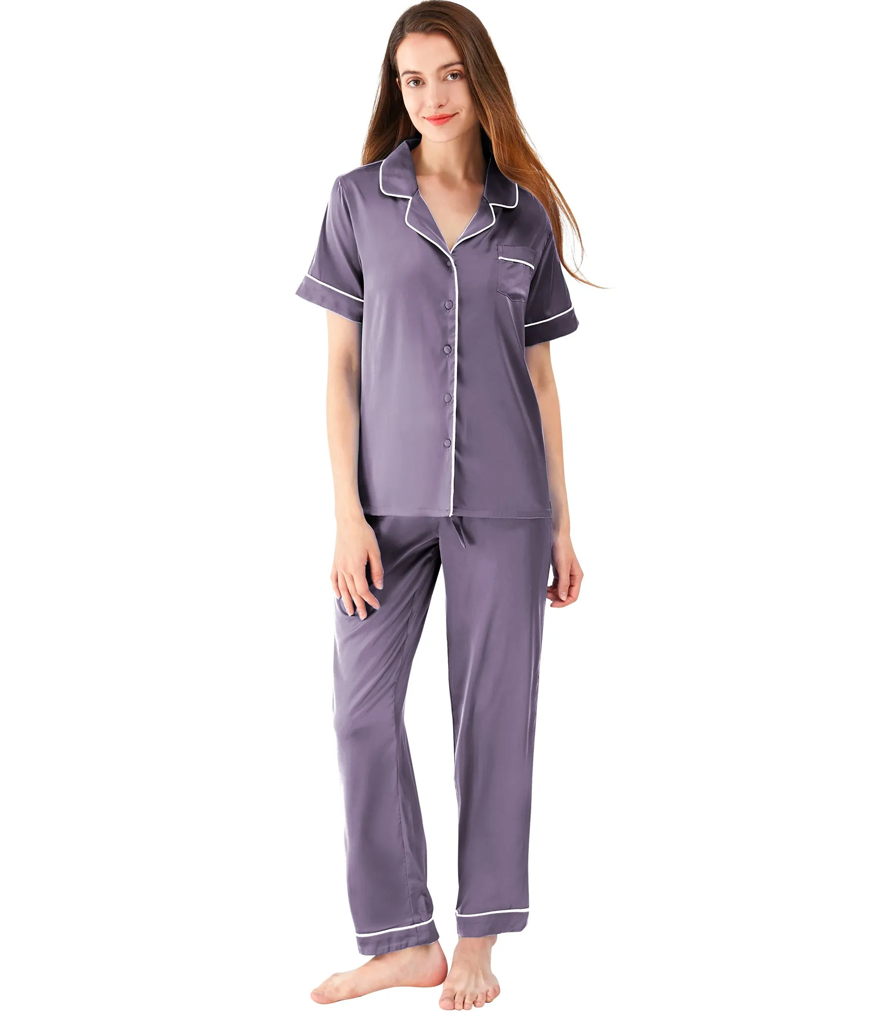 WiWi Womens Satin Pajamas Set Button Down Sleepwear