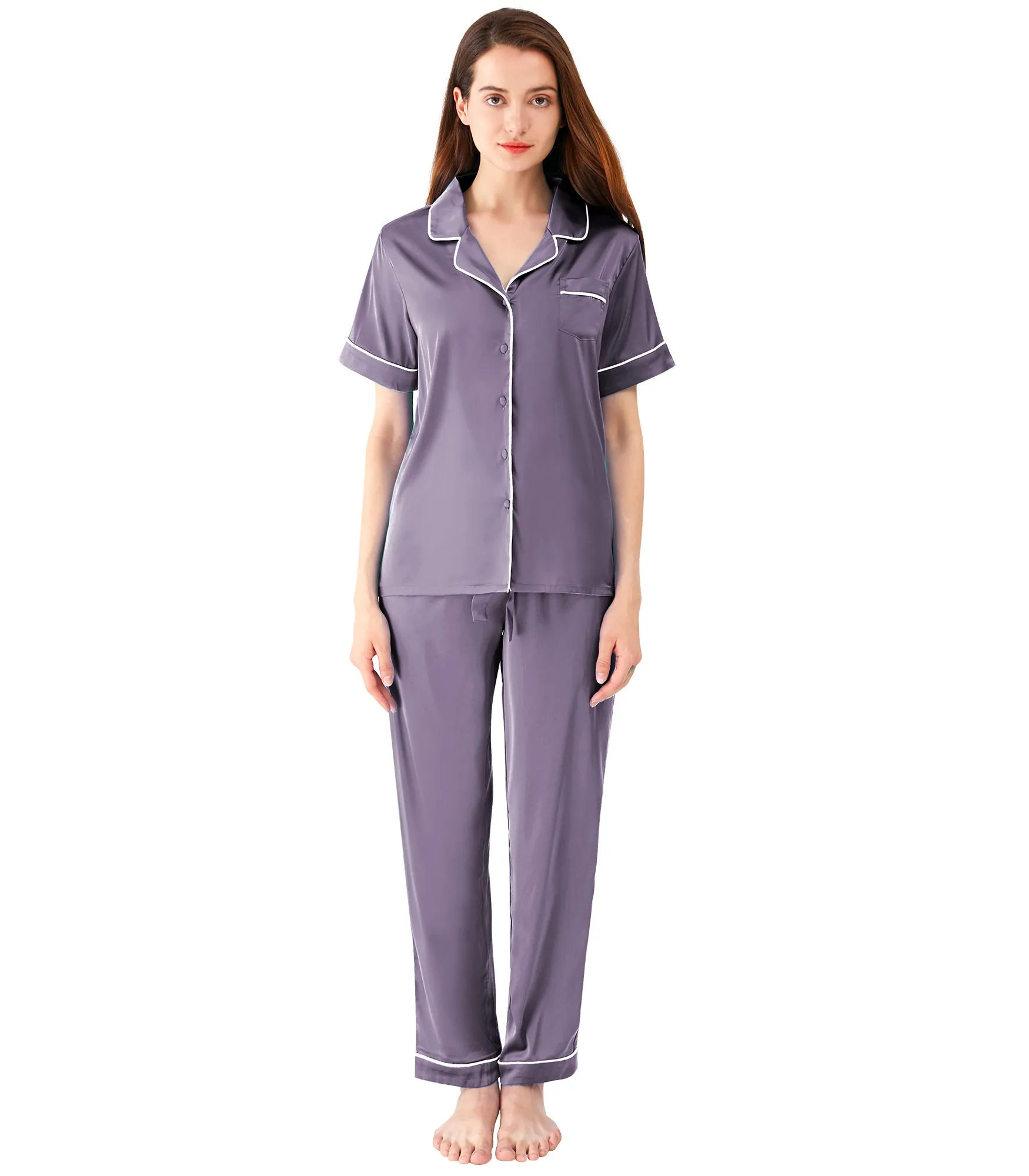 WiWi Womens Satin Pajamas Set Button Down Sleepwear