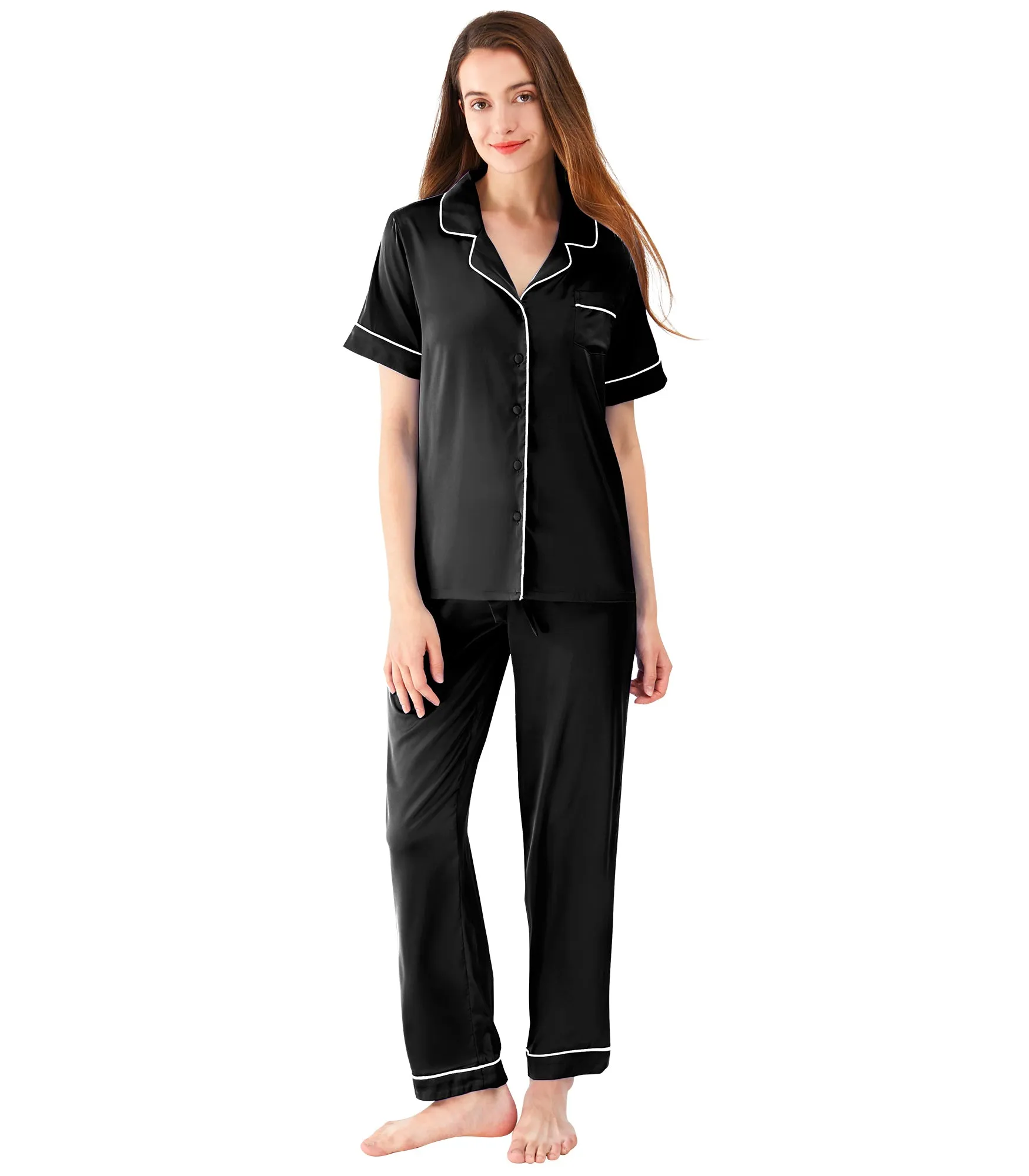 WiWi Womens Satin Pajamas Set Button Down Sleepwear