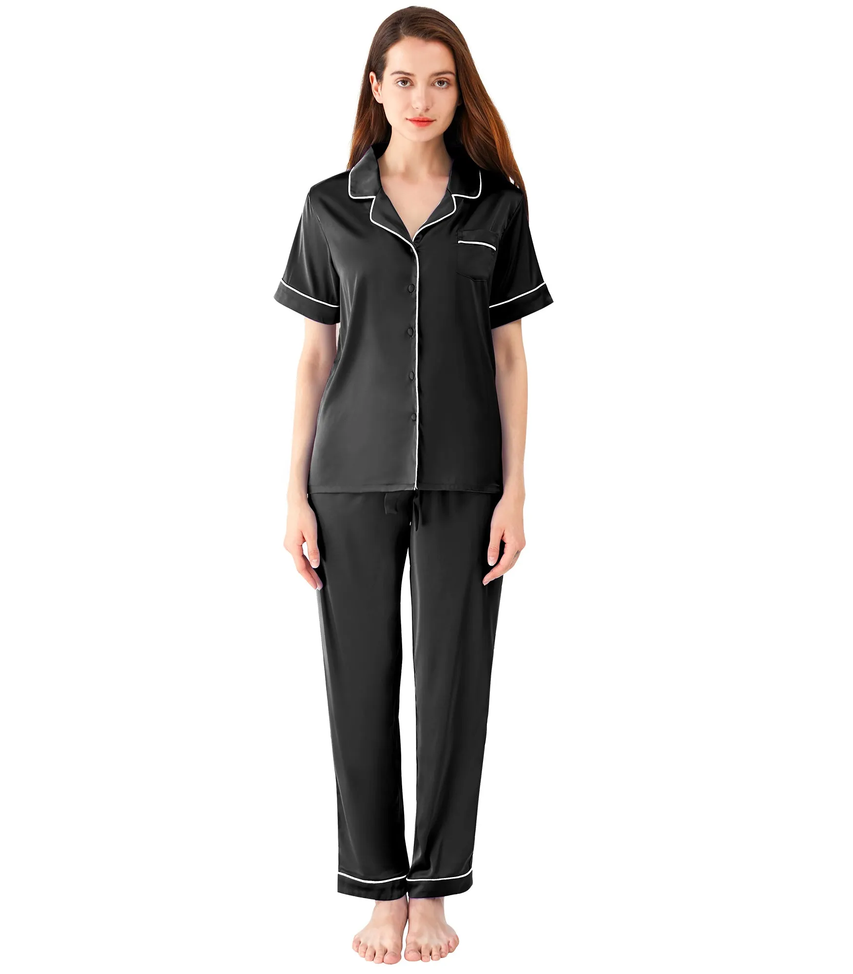 WiWi Womens Satin Pajamas Set Button Down Sleepwear