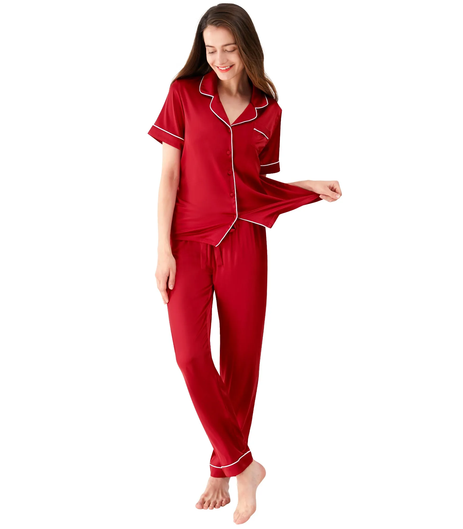 WiWi Womens Satin Pajamas Set Button Down Sleepwear