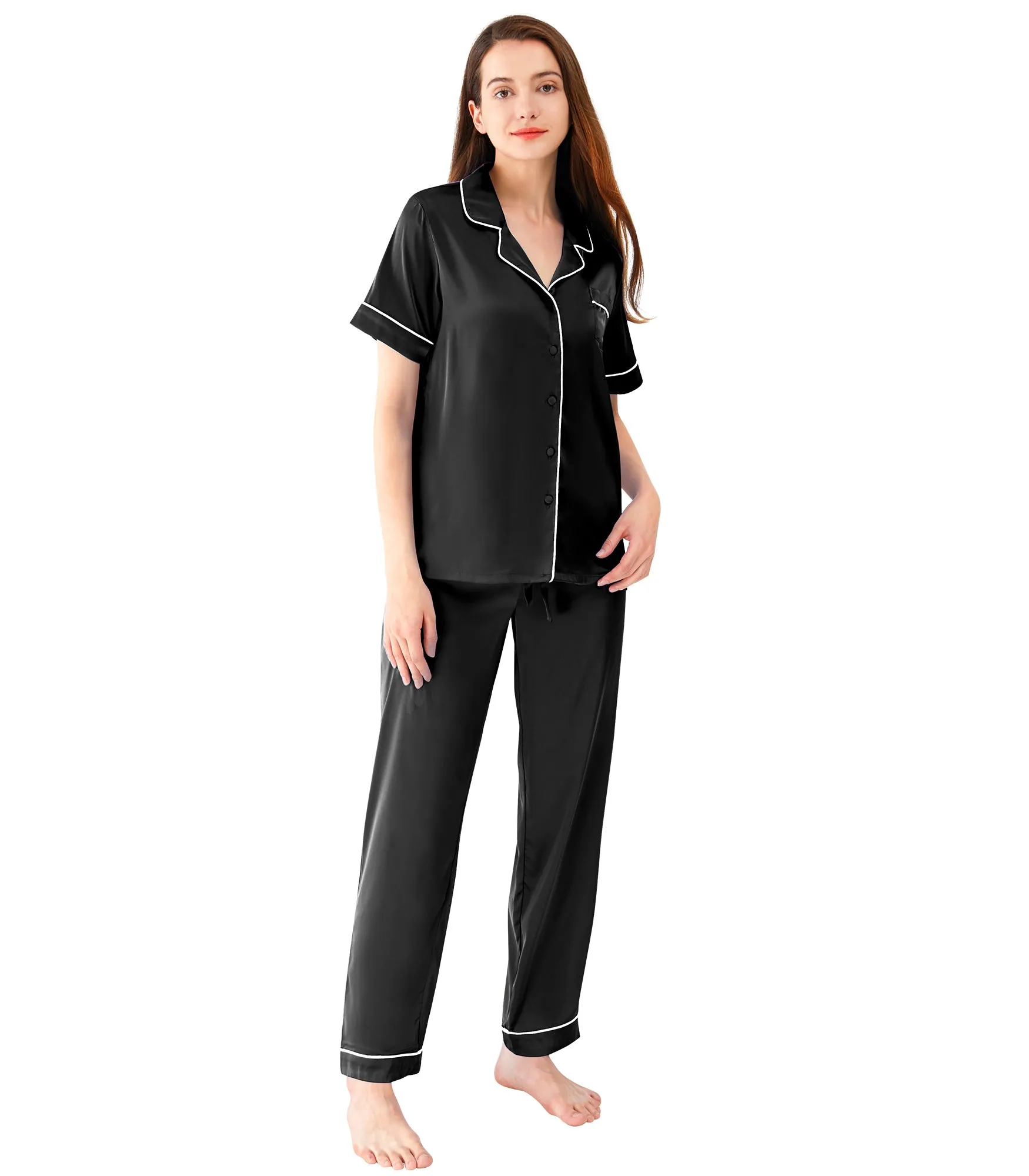 WiWi Womens Satin Pajamas Set Button Down Sleepwear