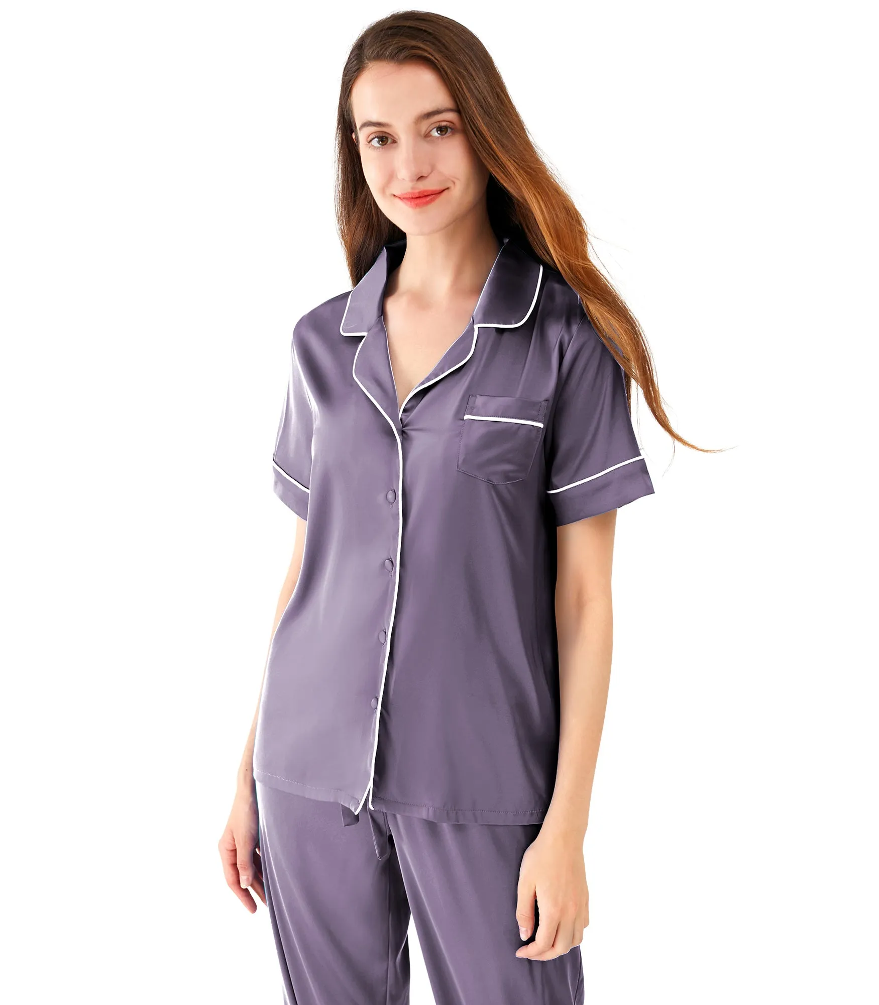 WiWi Womens Satin Pajamas Set Button Down Sleepwear