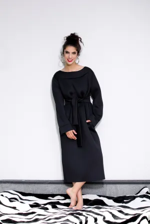 Women Maxi Dress, Neoprene Black Dress, Plus Size Dress with Belt, Elegant Long Sleeve Dress, Loose Fit Dress for Winter