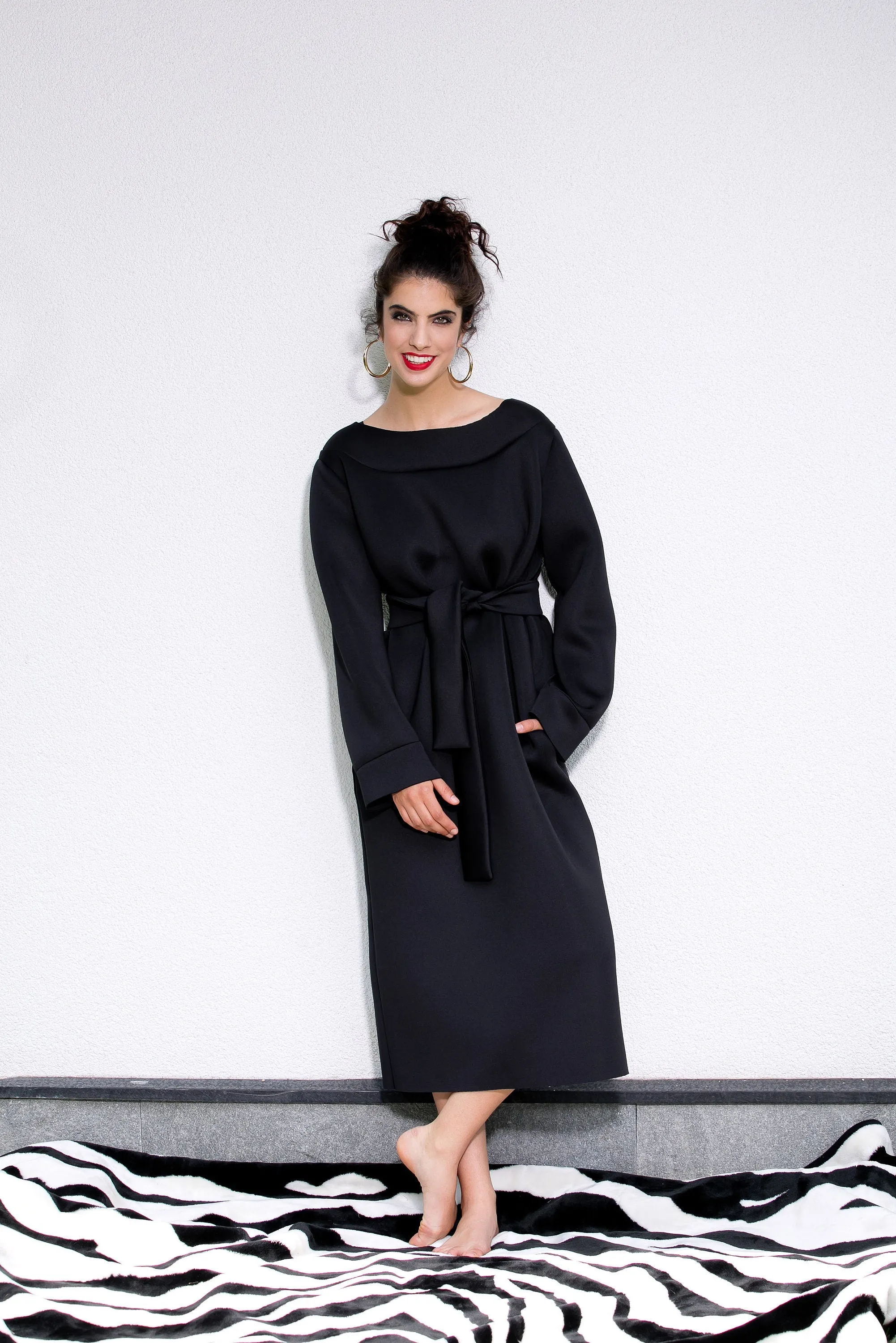 Women Maxi Dress, Neoprene Black Dress, Plus Size Dress with Belt, Elegant Long Sleeve Dress, Loose Fit Dress for Winter