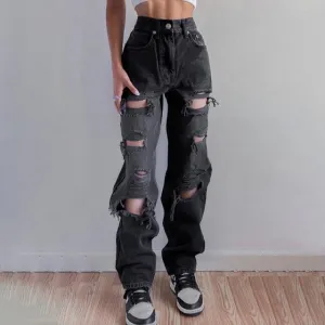 Womens Brown Ripped Distressed Jeans/High Waist Loose Jeans