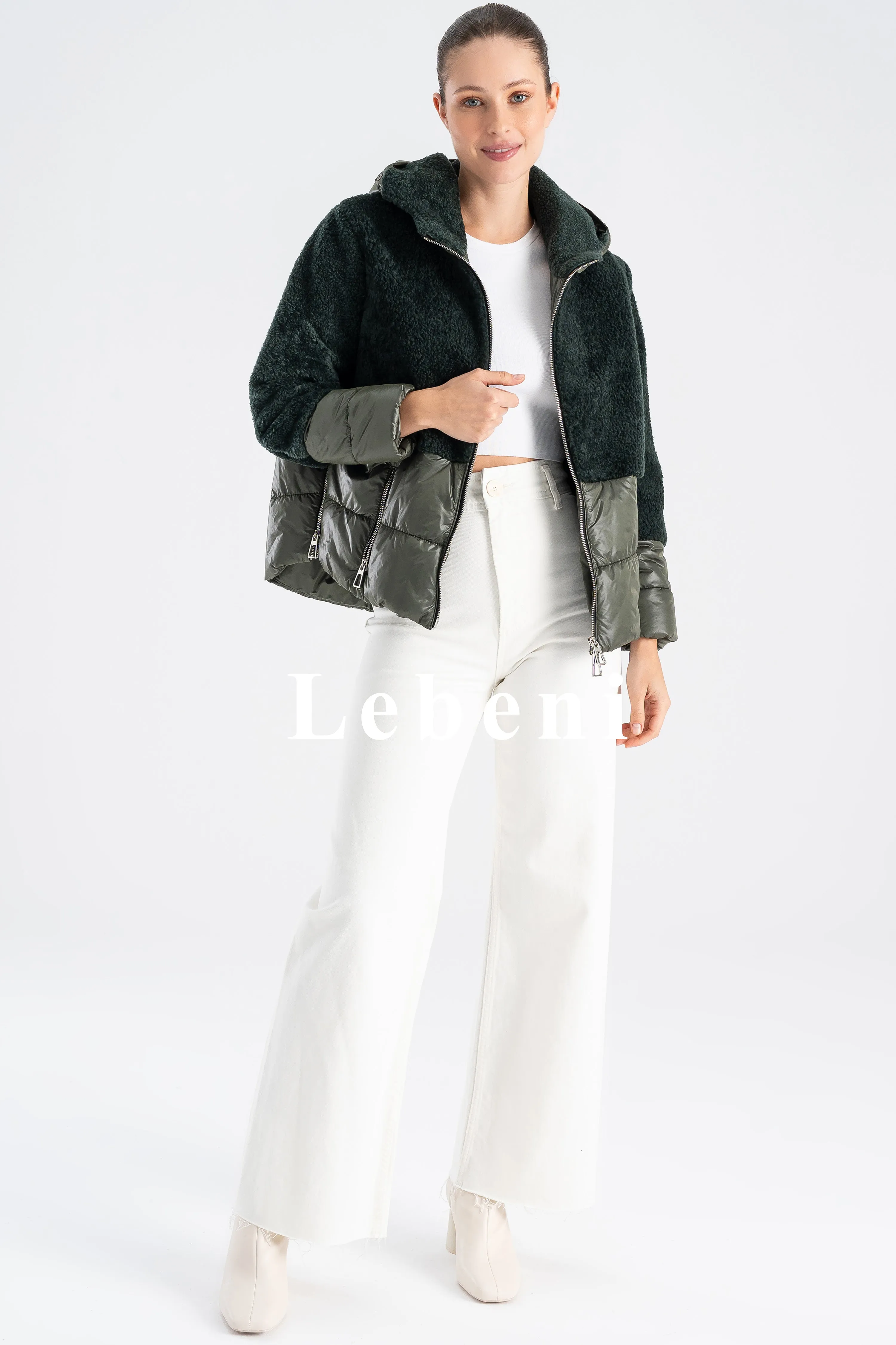 Women's Green Oversize Shearling Jacket - Hooded and Zippered Split Quilted Design