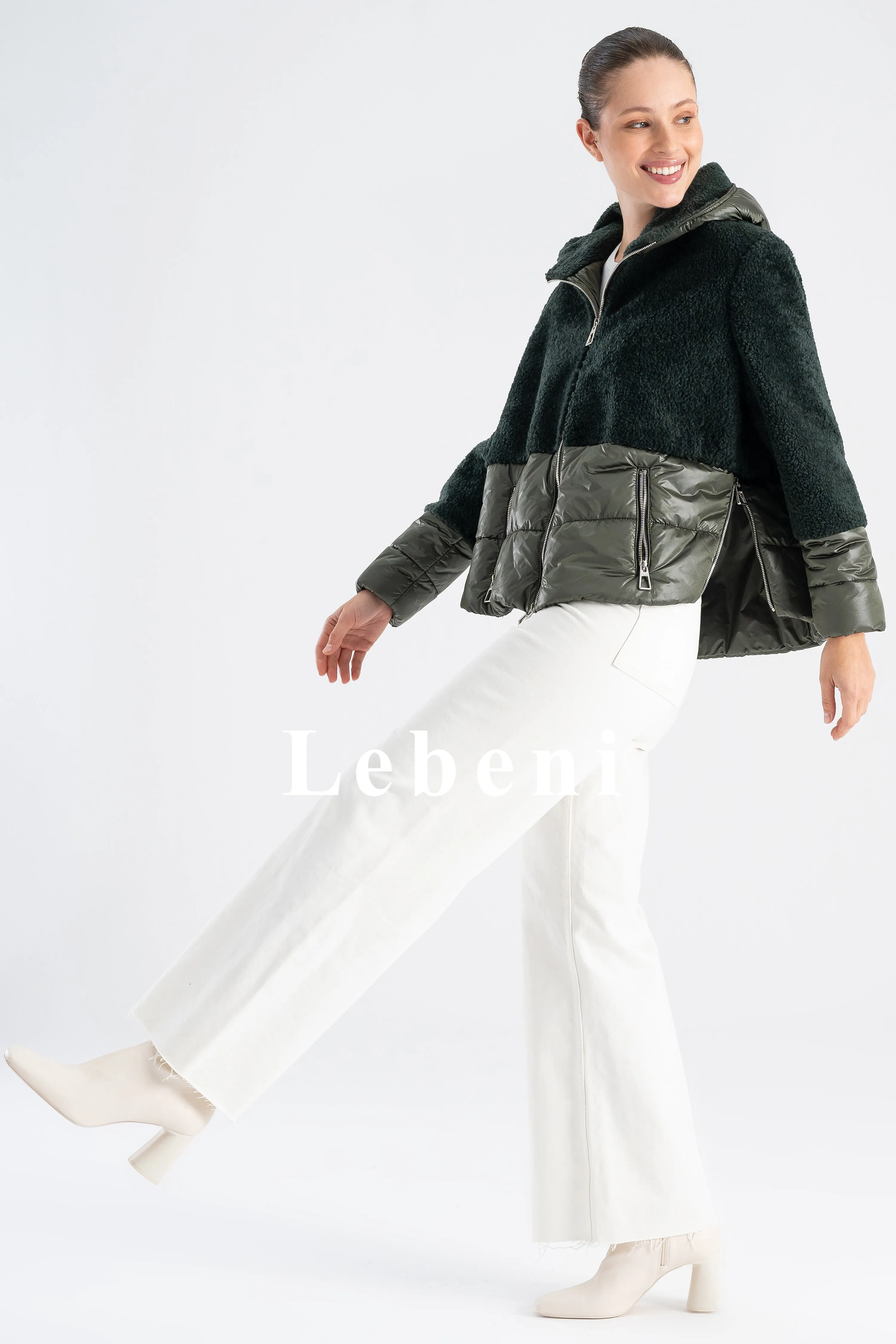 Women's Green Oversize Shearling Jacket - Hooded and Zippered Split Quilted Design