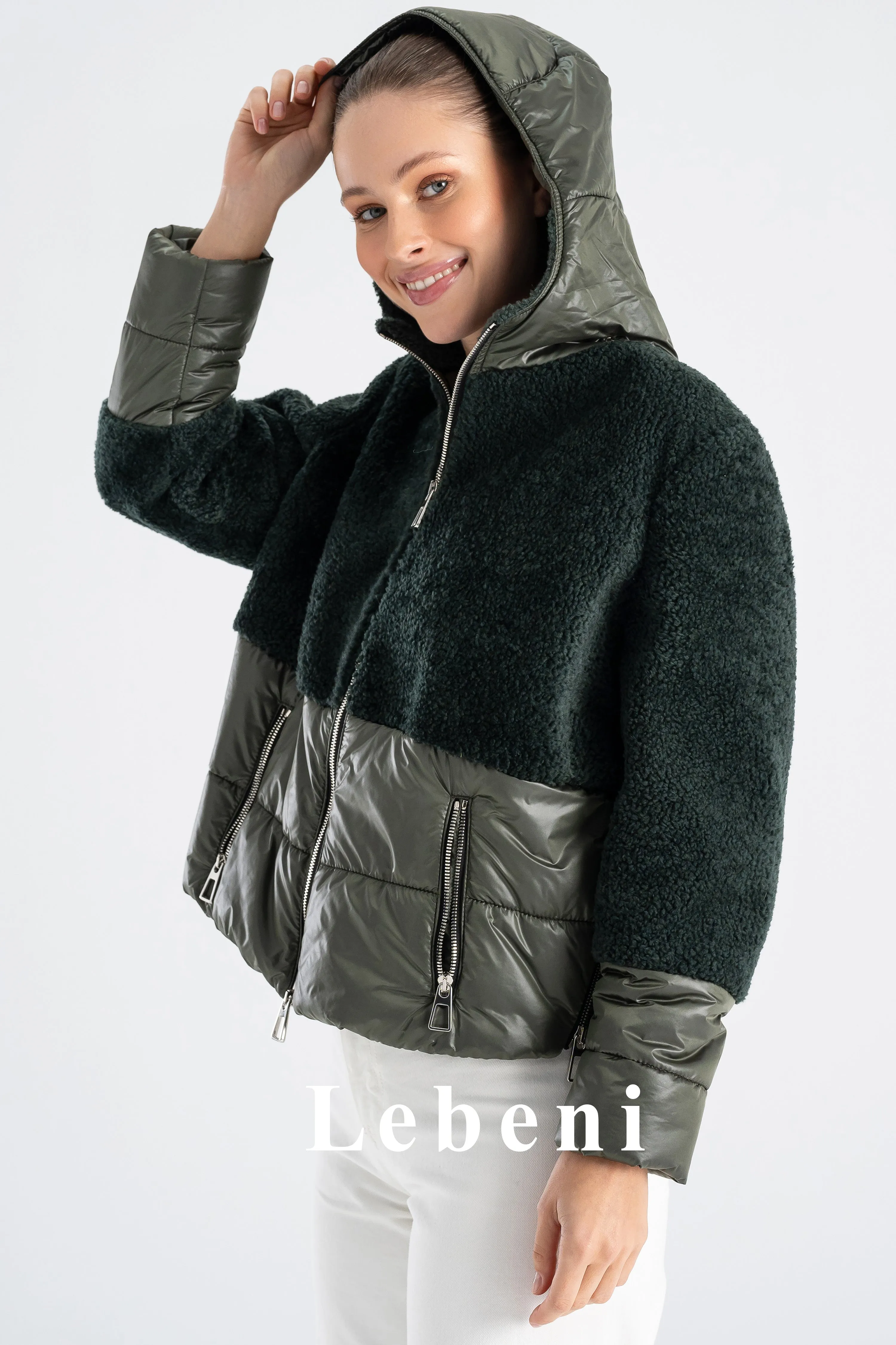 Women's Green Oversize Shearling Jacket - Hooded and Zippered Split Quilted Design