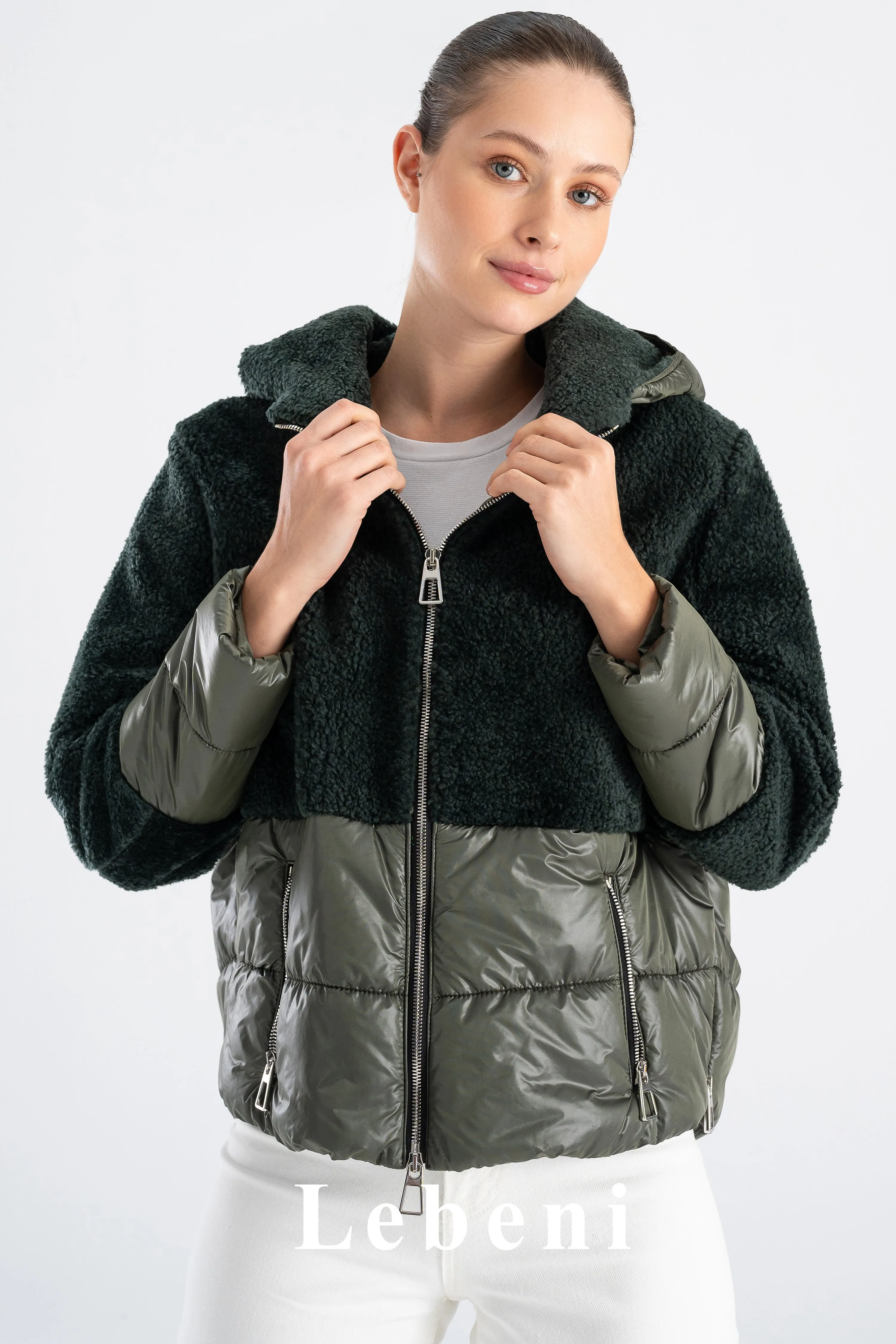 Women's Green Oversize Shearling Jacket - Hooded and Zippered Split Quilted Design
