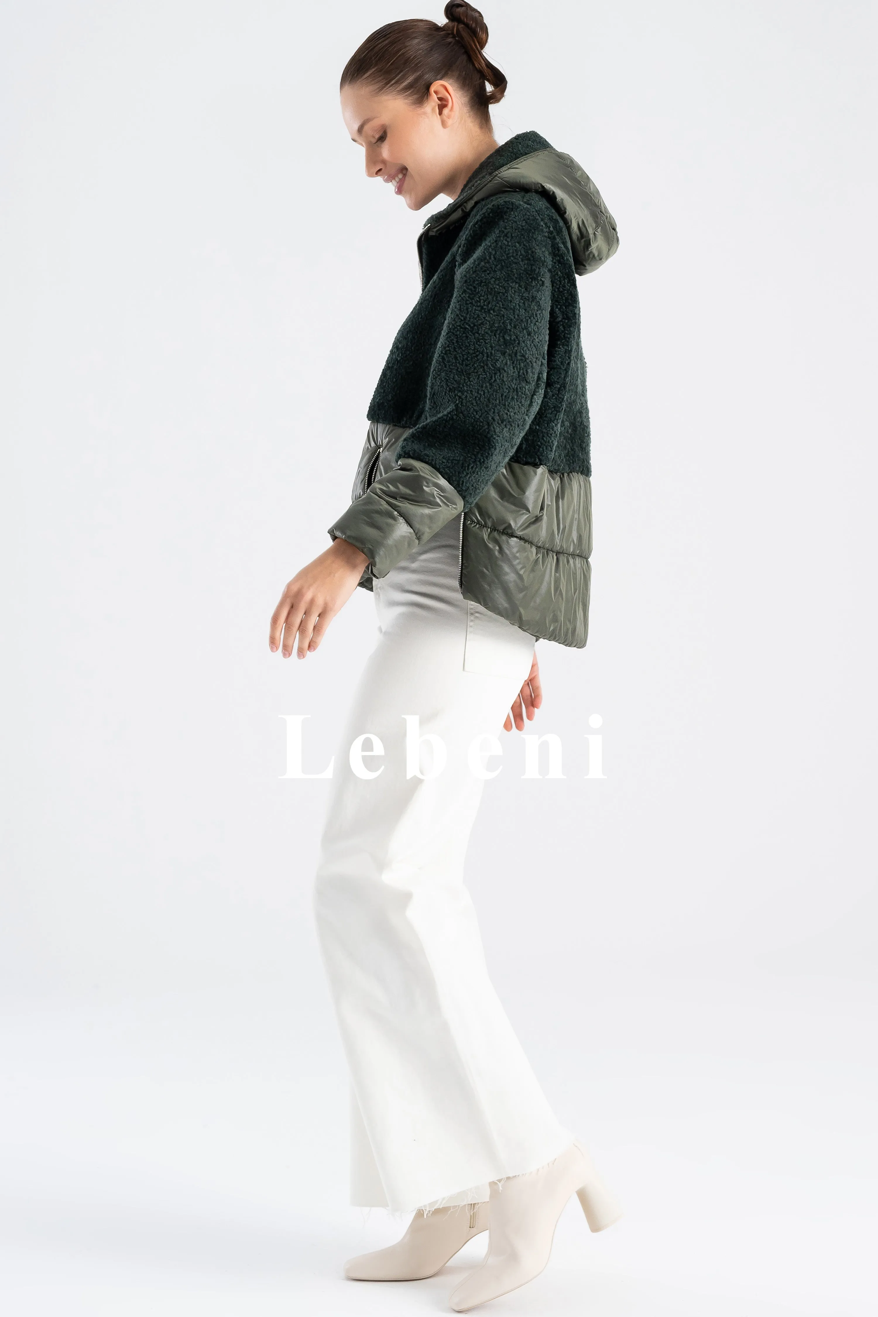 Women's Green Oversize Shearling Jacket - Hooded and Zippered Split Quilted Design