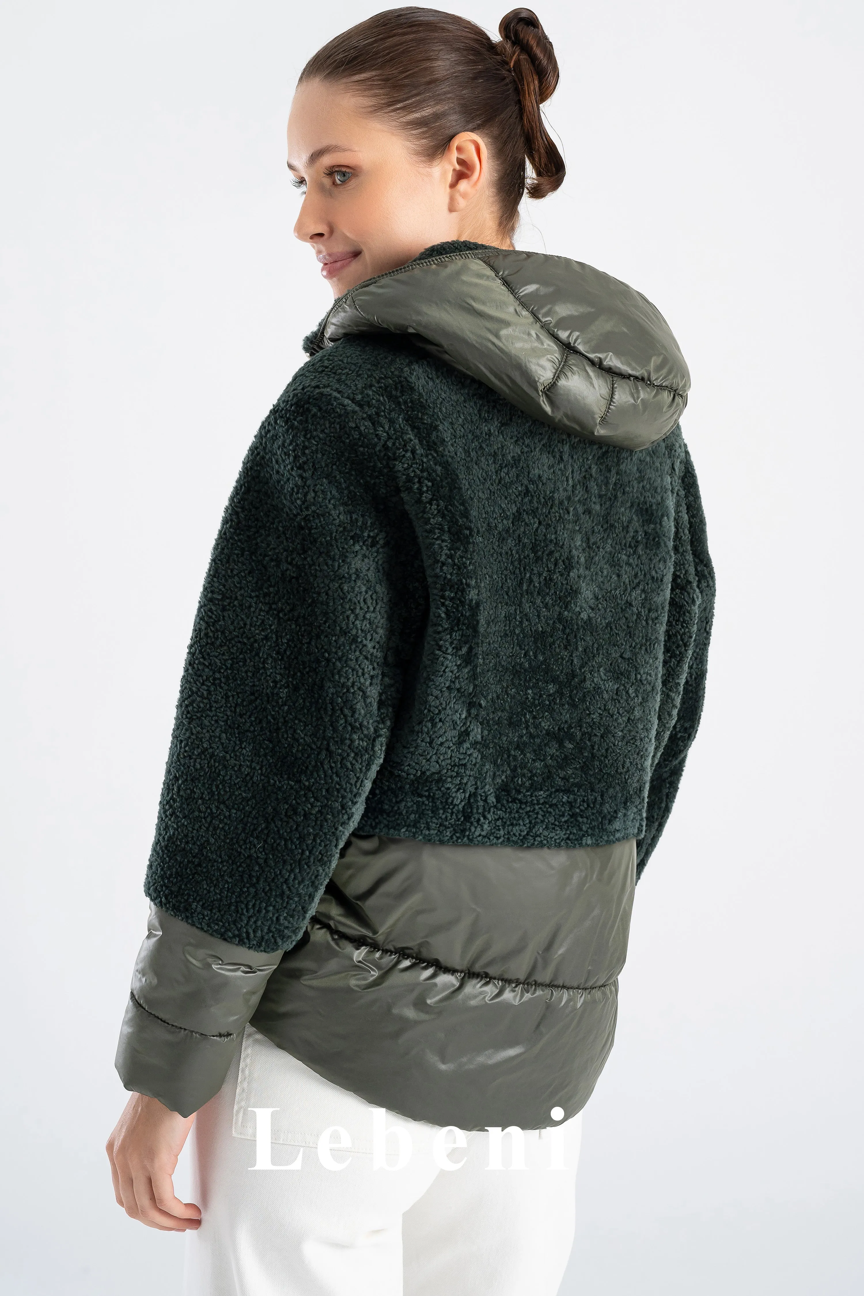 Women's Green Oversize Shearling Jacket - Hooded and Zippered Split Quilted Design