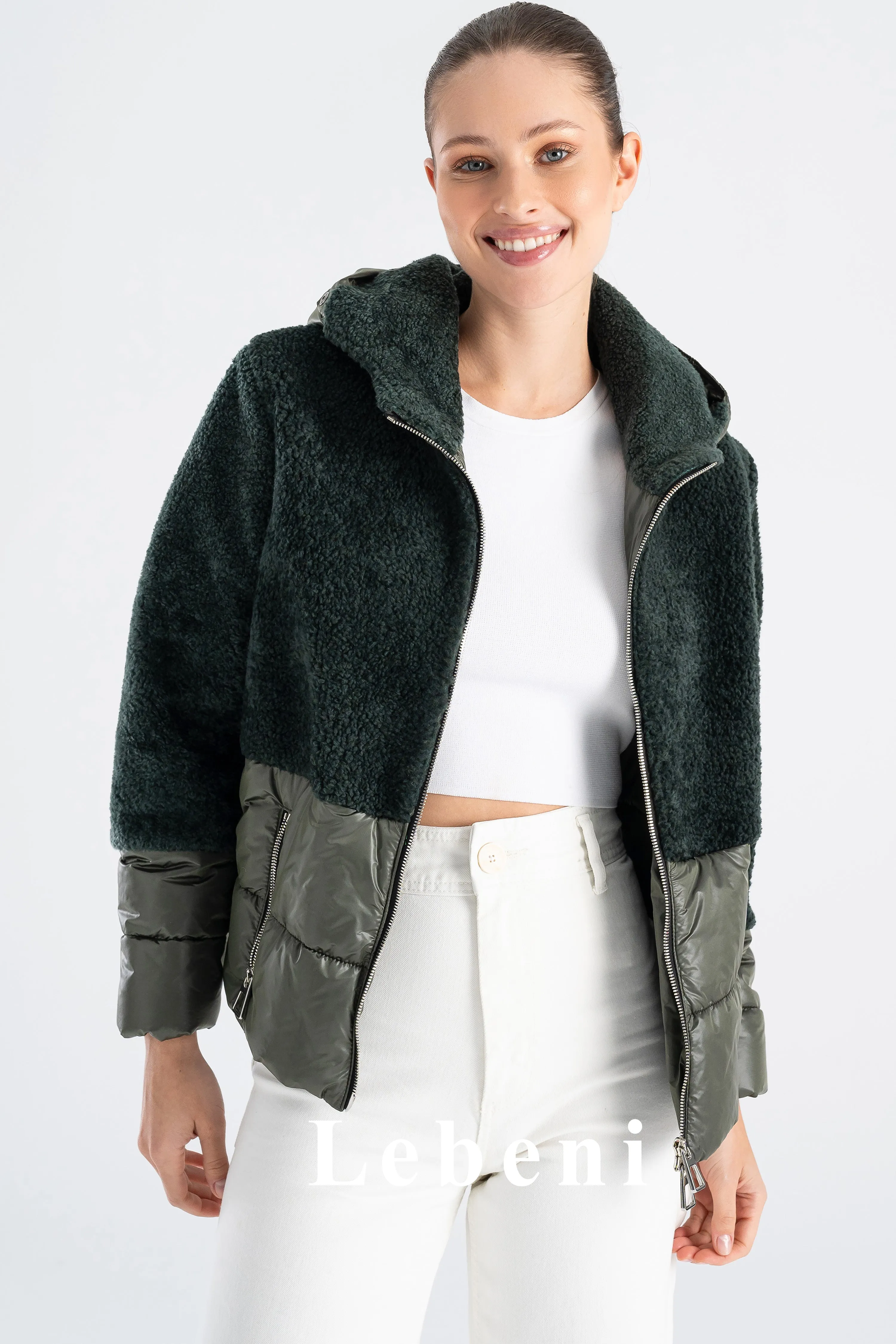 Women's Green Oversize Shearling Jacket - Hooded and Zippered Split Quilted Design