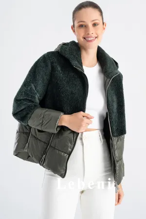 Women's Green Oversize Shearling Jacket - Hooded and Zippered Split Quilted Design