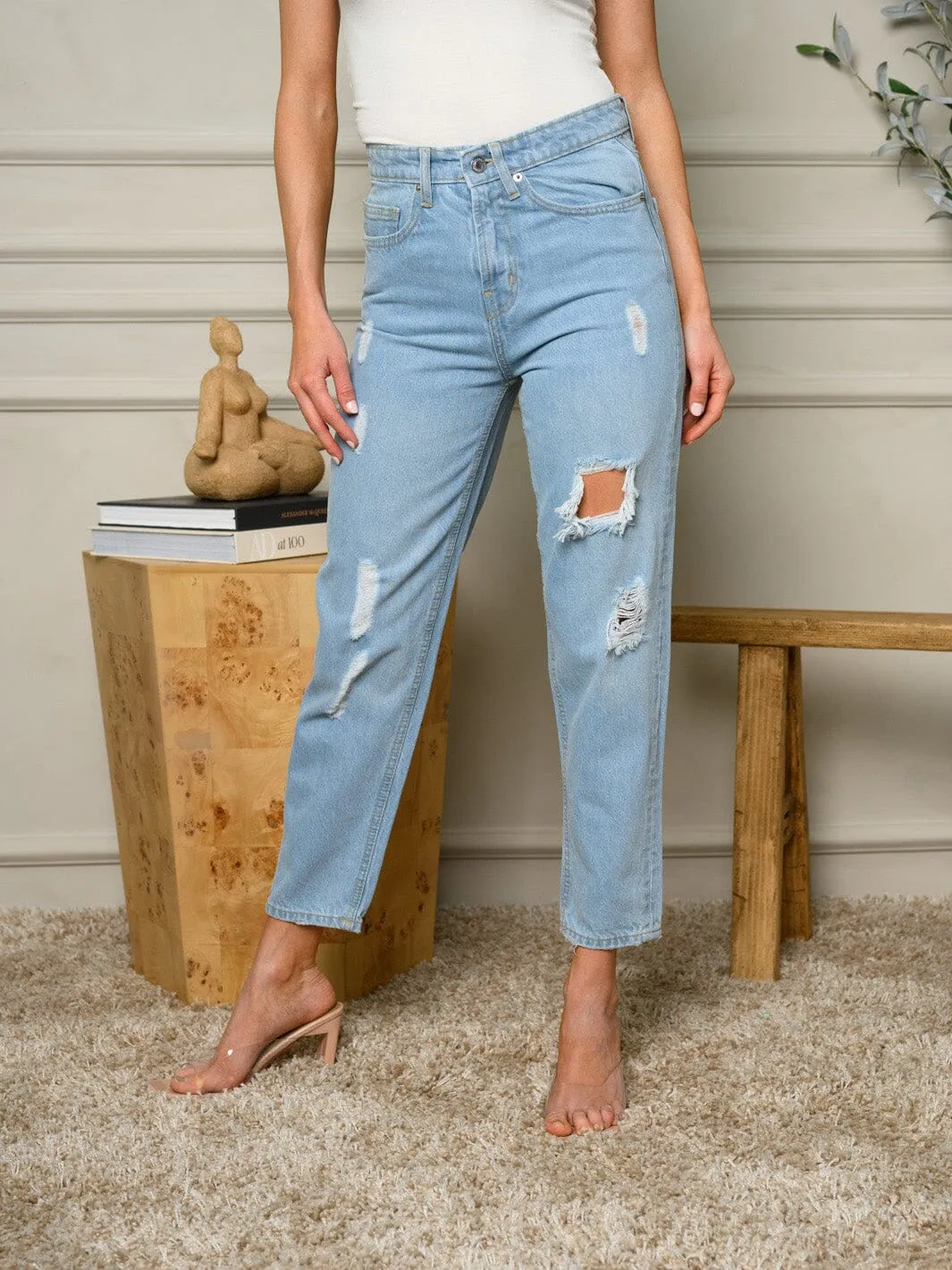 WOMEN'S HIGH-RISE DISTRESSED WASHED DENIM JEANS