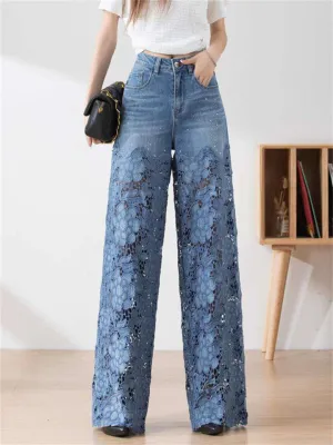 Women's Lace Flower Splicing High Waist Straight-Leg Jeans