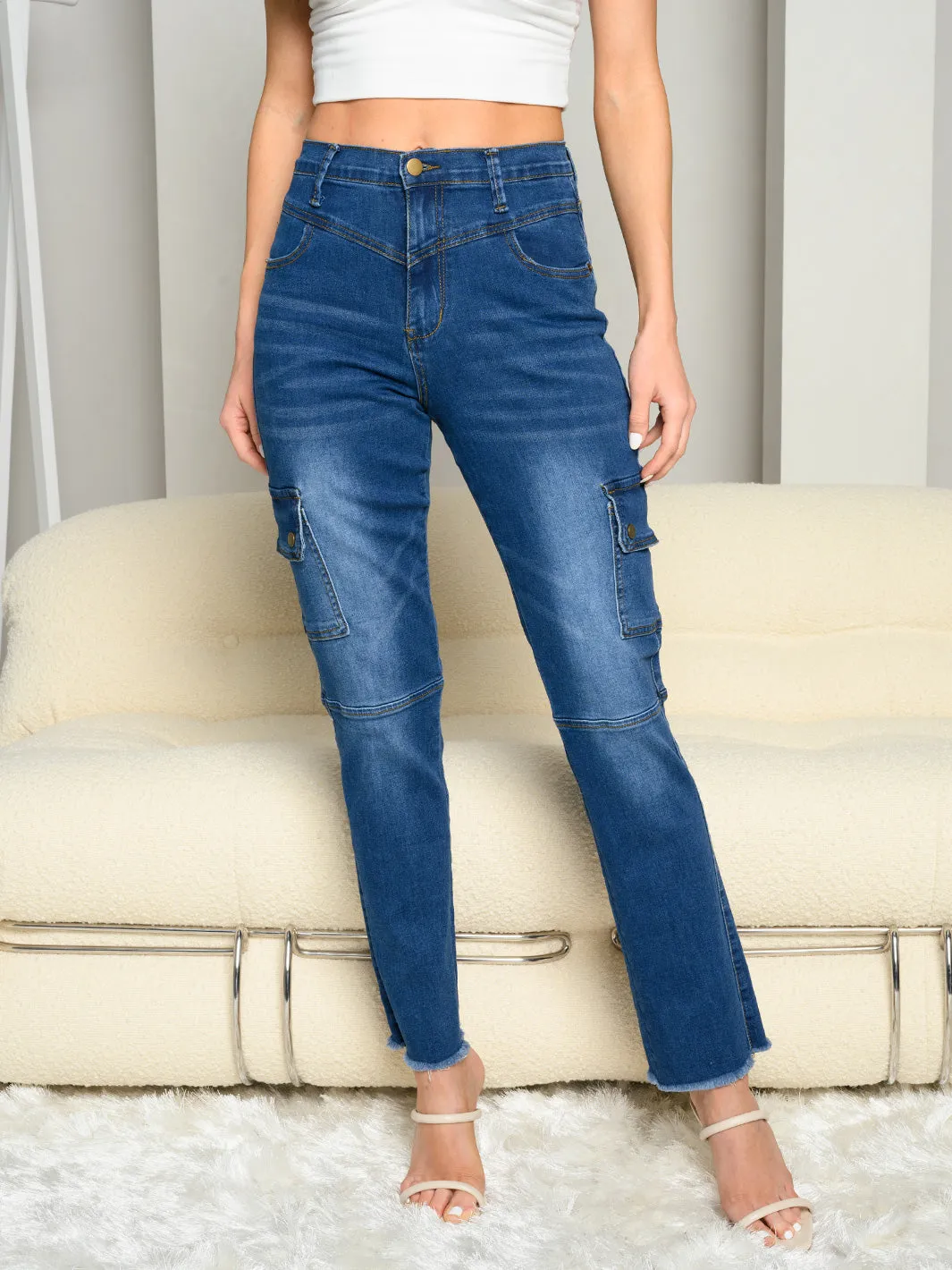 WOMEN'S STRETCH HIGH RISE DISTRESS DENIM CARGO JEANS