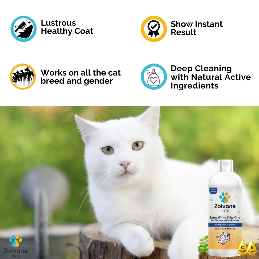 ZOIVANE 5 in 1 Extra White Cat Shampoo with Conditioner | Reduces Hair Fall | Enhances Coat Brightness | Ideal for Persian Cats, Kittens, and All Breeds