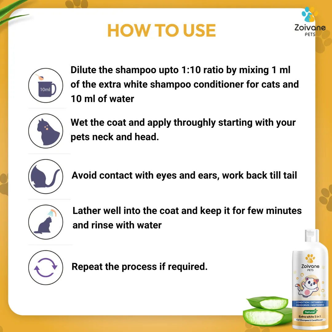 ZOIVANE 5 in 1 Extra White Cat Shampoo with Conditioner | Reduces Hair Fall | Enhances Coat Brightness | Ideal for Persian Cats, Kittens, and All Breeds