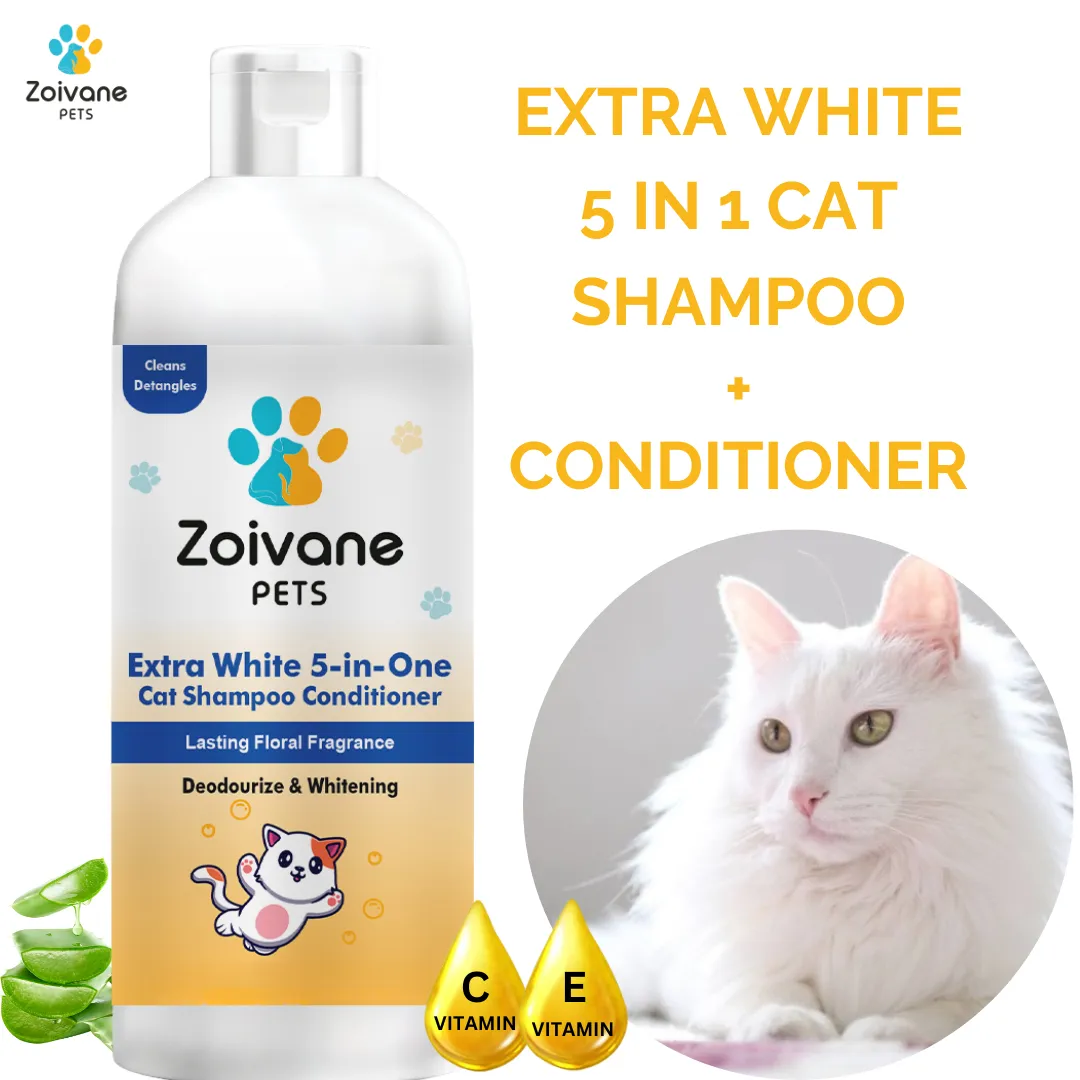 ZOIVANE 5 in 1 Extra White Cat Shampoo with Conditioner | Reduces Hair Fall | Enhances Coat Brightness | Ideal for Persian Cats, Kittens, and All Breeds